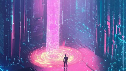 Person standing in digital city experiencing virtual reality - Powered by Adobe