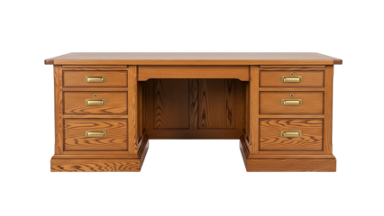 Traditional wooden executive desk featuring multiple drawers and brass hardware presented against a black background