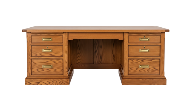 Traditional wooden executive desk featuring multiple drawers and brass hardware presented against a black background - Powered by Adobe