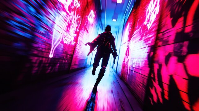 Silhouette leaping in illuminated urban environment