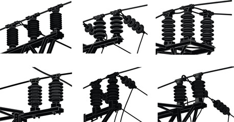 High voltage electrical insulator vector set showing transmission line components, power grid equipment, detailed utility structure silhouettes for energy infrastructure illustration