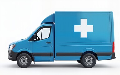 Blue medical supply truck with a plus sign and the text medsupply and tagline goes here below it. High quality