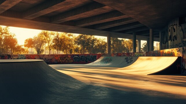 Skate park ramps under an overpass