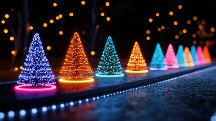 Illuminated Christmas trees in a row