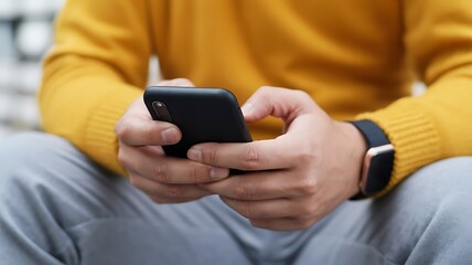 Person in yellow sweater using a smartphone with a smartwatch