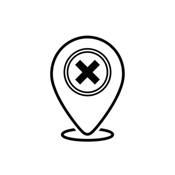 Black and white map marker icon with a cross symbol inside a circle