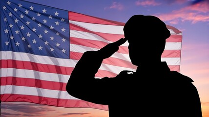 Soldier saluting the american flag at sunset honoring veterans and patriotism