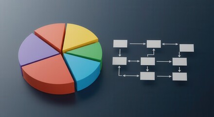Three dimensional segmented circle graph and flow chart diagram presented on dark background