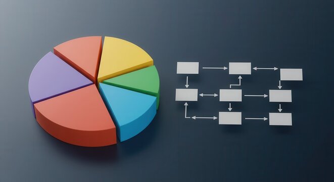 Three dimensional segmented circle graph and flow chart diagram presented on dark background