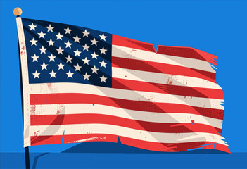Tattered American flag waving, grunge style illustration