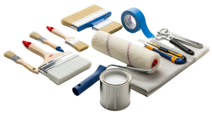 Assortment of various painting and decorating tools arranged on a solid black background