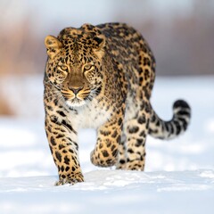 Fototapeta premium A large, spotted feline gracefully strides through a snowy expanse, its gaze fixed forward with a determined focus