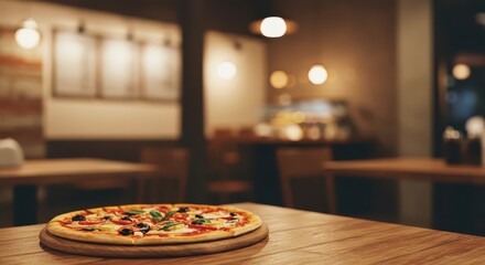Freshly made savory flatbread rests upon a wooden tabletop inside a softly lit dining establishment