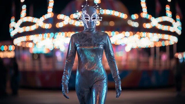 Futuristic masked figure walking at carnival illuminated by vibrant lights in a dynamic scene at night