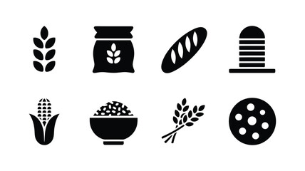 Collection of black and white icons representing grains and baked goods