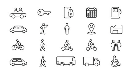 Collection of hand drawn icons representing transportation and services