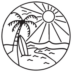 Circular Outline Beach Scene with Palm Tree, Surfboard, and Sun