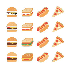 Vector Set of Fast Food Icons with Pizza, Burgers, Hot Dogs, and Sandwiches