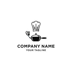 Chef hat above pan and fork logo for restaurant or cafe branding.
