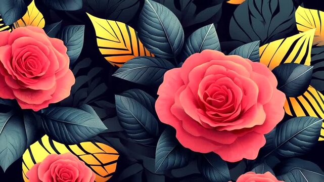 Vibrant floral pattern with roses and leaves design