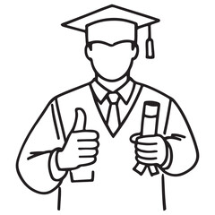 Monochrome Vector Illustration of Graduate with Diploma and Thumbs Up