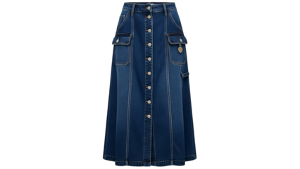 Full length indigo denim skirt features prominent front buttons and functional cargo pockets