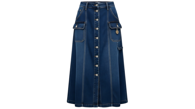 Full length indigo denim skirt features prominent front buttons and functional cargo pockets