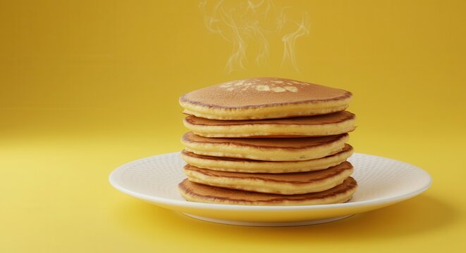 Stack of hot, freshly made breakfast cakes sits on a white dish against a solid yellow backdrop