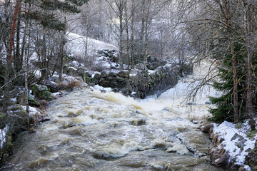 Pohjankoski Rapids in Salo, Finland on a day of December. Natural landscape. 