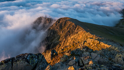 Naklejka premium Mountain peaks emerge from clouds at sunrise with golden light.
