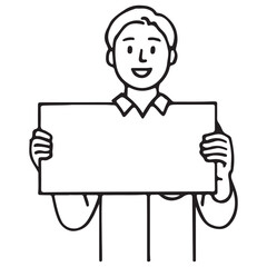 Simple Black Line Art Illustration of Smiling Man Holding Blank Sign