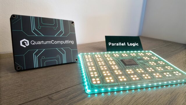 Quantum Computing Circuit Board with Glowing LEDs in Technology Display