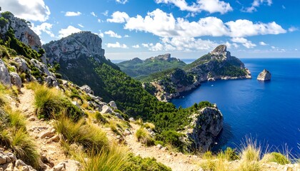 Scenic Coastal Landscape with Rugged Cliffs and Azure Sea.