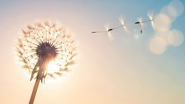 Dreamy dandelion seeds floating gently in the breeze with soft golden light, perfect for springtime wishes and nature themes