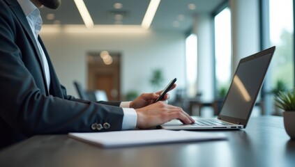 Modern office scene with person using smartphone