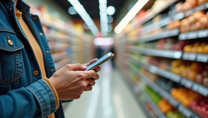 Person using smartphone inside supermarket aisle