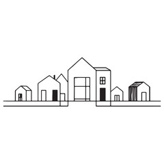 Minimalist Black Line Art Cityscape with Modern Houses on White
