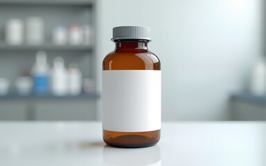 Amber glass medicine bottle with a blank white label for product branding. Mockup for pharmaceutical, cosmetic, or supplement products in a clean lab setting. High quality