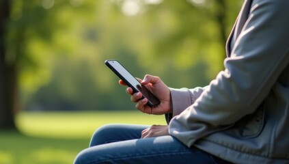 Person using smartphone on a park bench