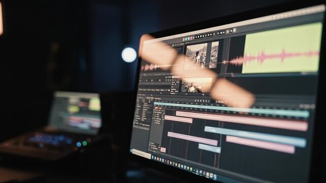Professional video editor working on a movie timeline using modern software for creative digital content production