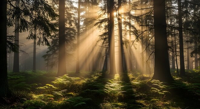 Sun Rays Bursting Through Misty Forest Canopy with Lush Green Ferns Below