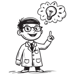 Black White Line Art of Boy Genius with Bright Idea Bubble