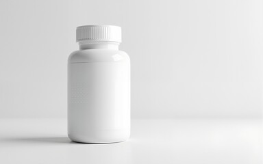White plastic medicine bottle with a blank label for product branding mockup on a clean studio background. High quality