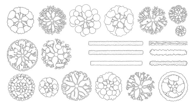 Collection of various top-down line drawings of trees, shrubs, and hedges for landscape design plans.