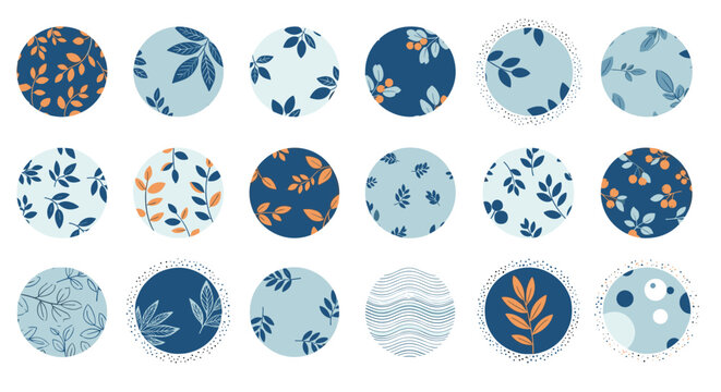 A diverse collection of circular botanical patterns featuring leaves, branches, and berries in a calming blue and orange color scheme, ideal for modern design.