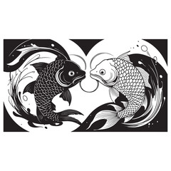 Stylized Black and White Fish Design with Water Swirls and Bubbles