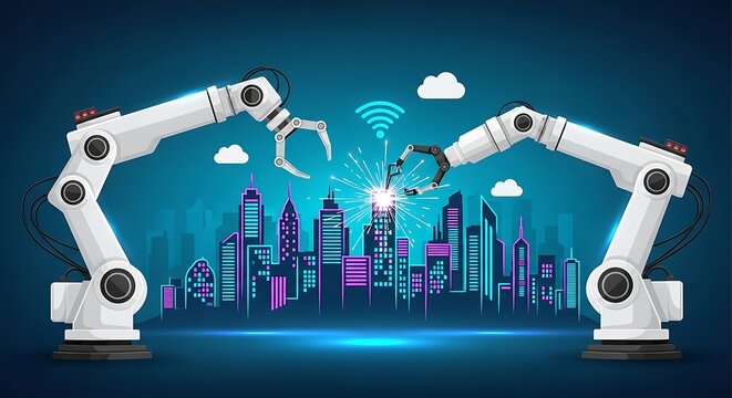 Advanced Industrial Robotic Arms Working Together Welding a Futuristic Neon Smart City Skyline Representing Modern Engineering and Automated Construction Technology