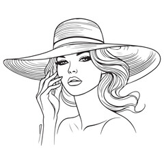 Elegant Woman Portrait Line Art with Wide-Brim Hat and Wavy Hair