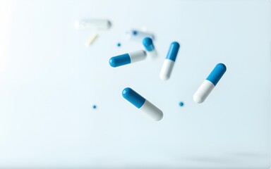 Capsules in blue and white fall on white background with space for medical product branding. High quality