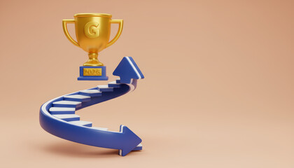 Goal success 2026 trophy, blue arrow staircase, ambition rise, calm focus